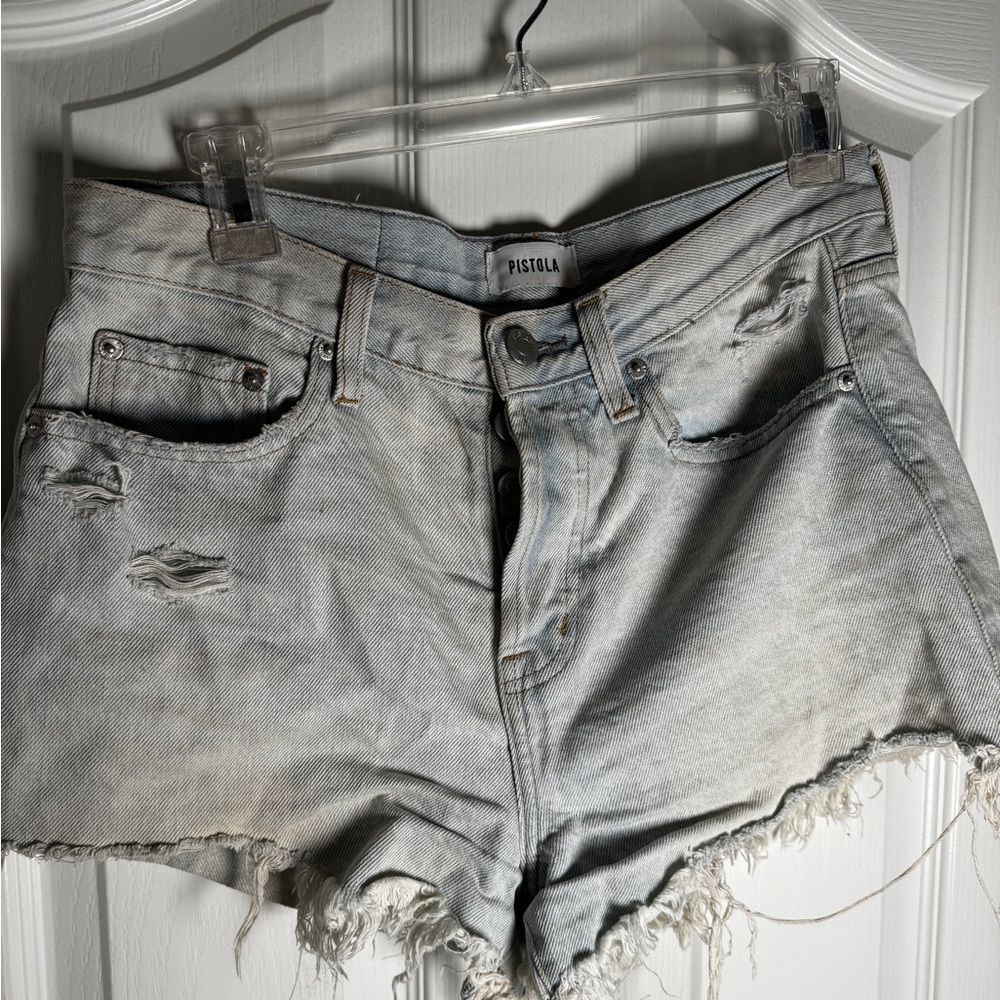 pistola Light Blue Distressed High-Rise Jean Shorts